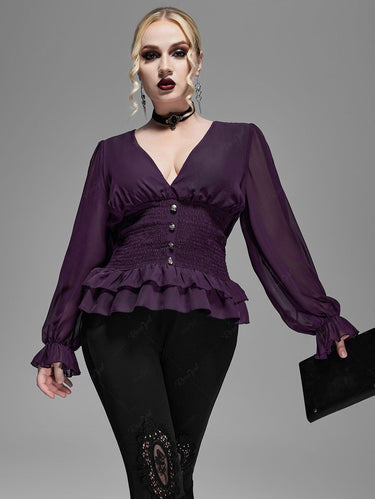 Gothic Plus Size Poet Sleeves V Neck Mock Buttons Ruched Corset Chiffon Blouse