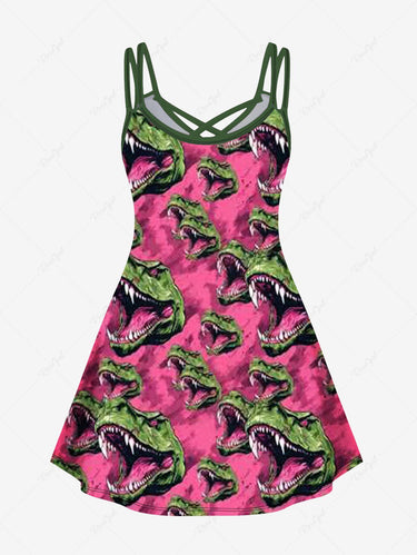 Gothic Plus Size Dinosaur Print Crisscross Cami Dress