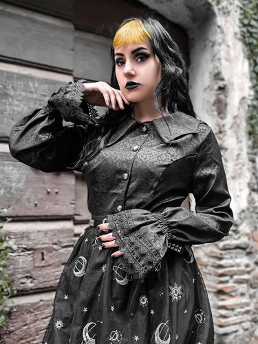 Gothic Plus Size Floral Embroidered Bat Wing Shape Collar Poet Sleeves Buttons Shirt