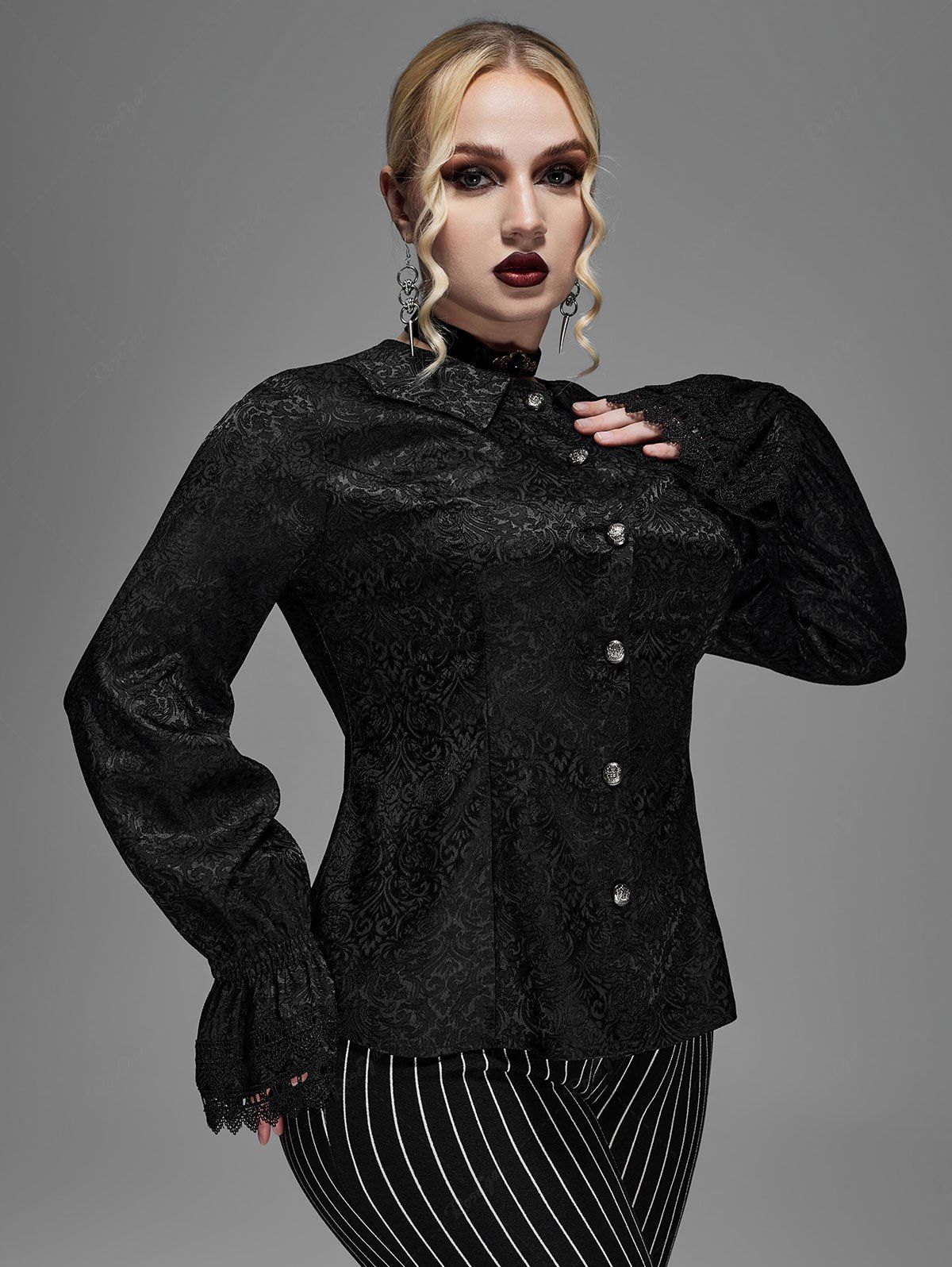 Gothic Floral Embroidered Bat Wing Shape Collar Poet Sleeves Buttons Shirt