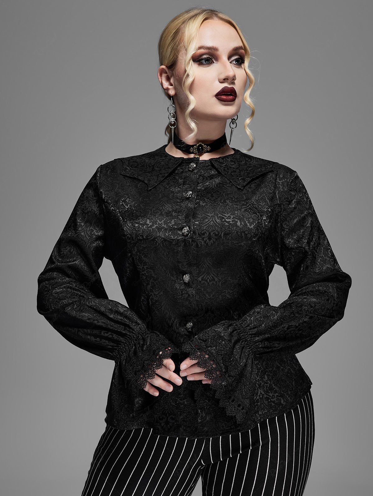 Gothic Floral Embroidered Bat Wing Shape Collar Poet Sleeves Buttons Shirt