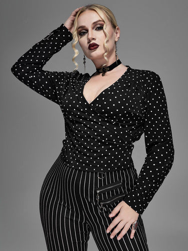 Gothic Plus Size Bowknot Polka Dot V Neck Ruched Blouse