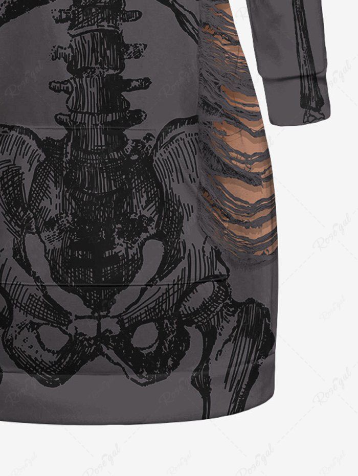 Gothic Skeleton Ripped Print Halloween Drawstring Hoodie
