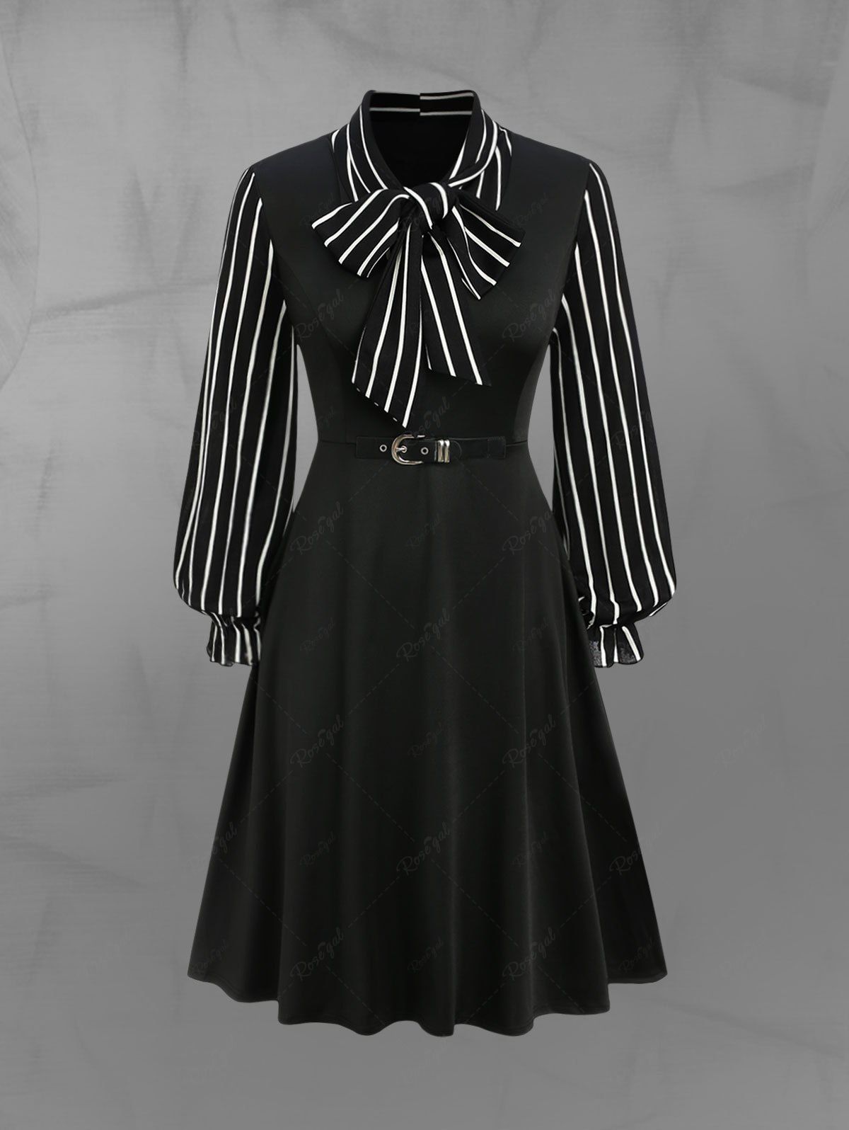 Gothic Striped Lantern Sleeves PU Buckle Bowknot Tied Ruched Belted A Line Dress