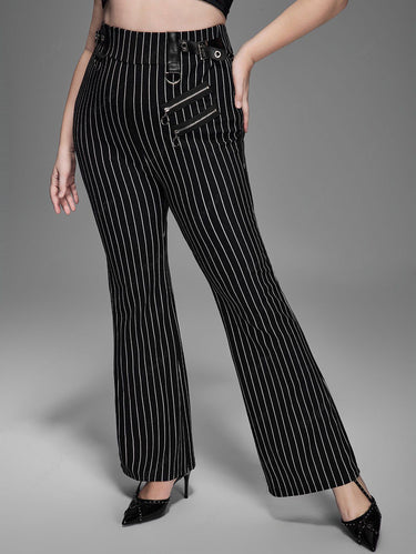 Gothic Plus Size Zipper Striped PU Panel Buckle Rings Grommet Flare Pants(3 Days Delivery)