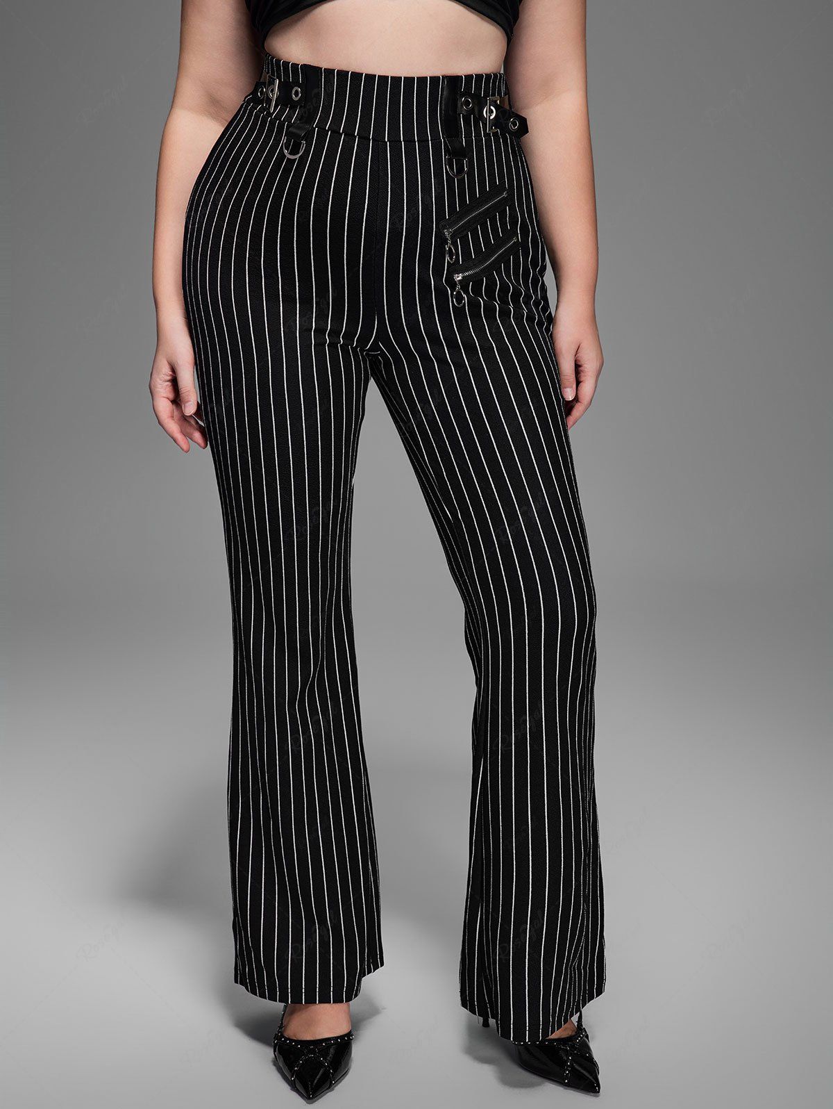 Gothic Zipper Striped PU Panel Buckle Rings Grommet Flare Pants