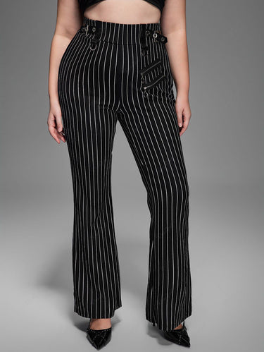 Gothic Plus Size Zipper Striped PU Panel Buckle Rings Grommet Flare Pants(3 Days Delivery)