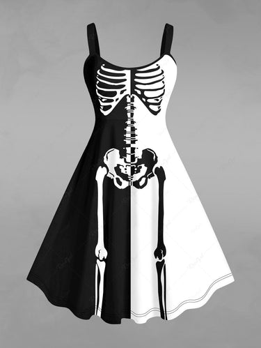 Gothic Plus Size Skeleton Two Tone Print Halloween Tank Dress