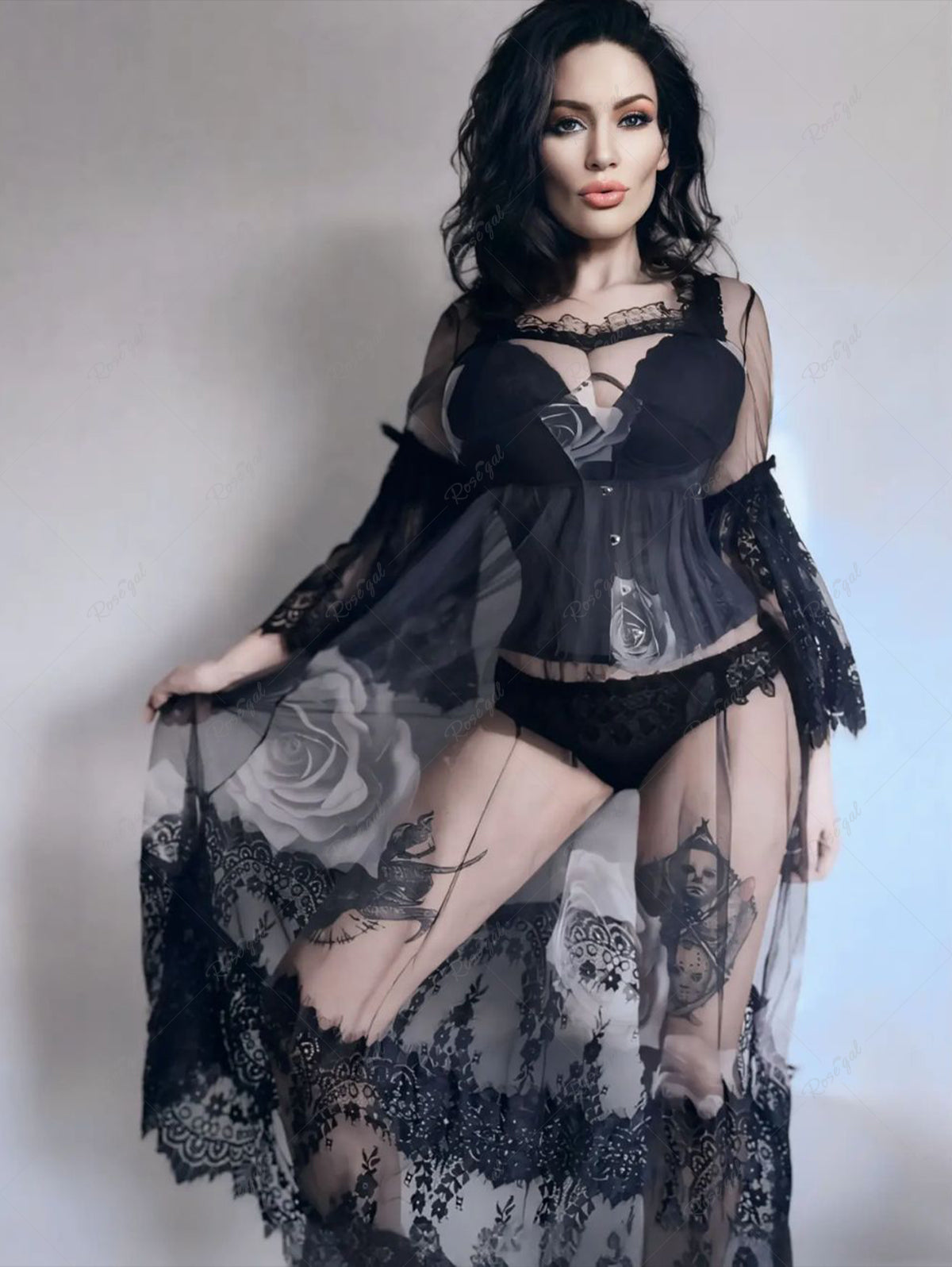 Gothic Floral Lace Sheer Mesh Flare Sleeves A Line Dress