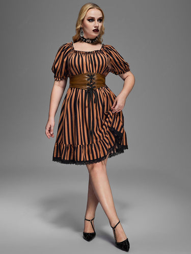 Gothic Plus Size Striped Printed Puff Sleeves Ruched Lace Trim Lace-up PU Panel Belted Halloween A Line Dress(3 Days Delivery)