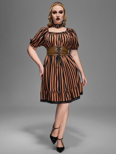 Gothic Plus Size Striped Printed Puff Sleeves Ruched Lace Trim Lace-up PU Panel Belted Halloween A Line Dress(3 Days Delivery)