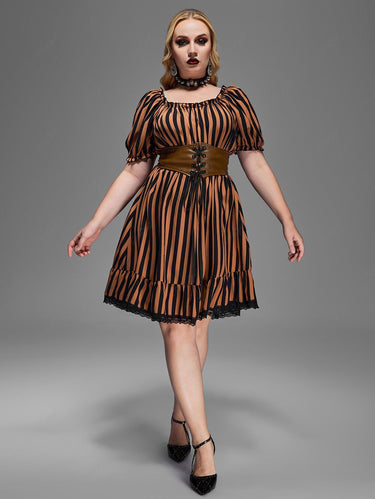 Gothic Plus Size Striped Printed Puff Sleeves Ruched Lace Trim Lace-up PU Panel Belted Halloween A Line Dress(3 Days Delivery)
