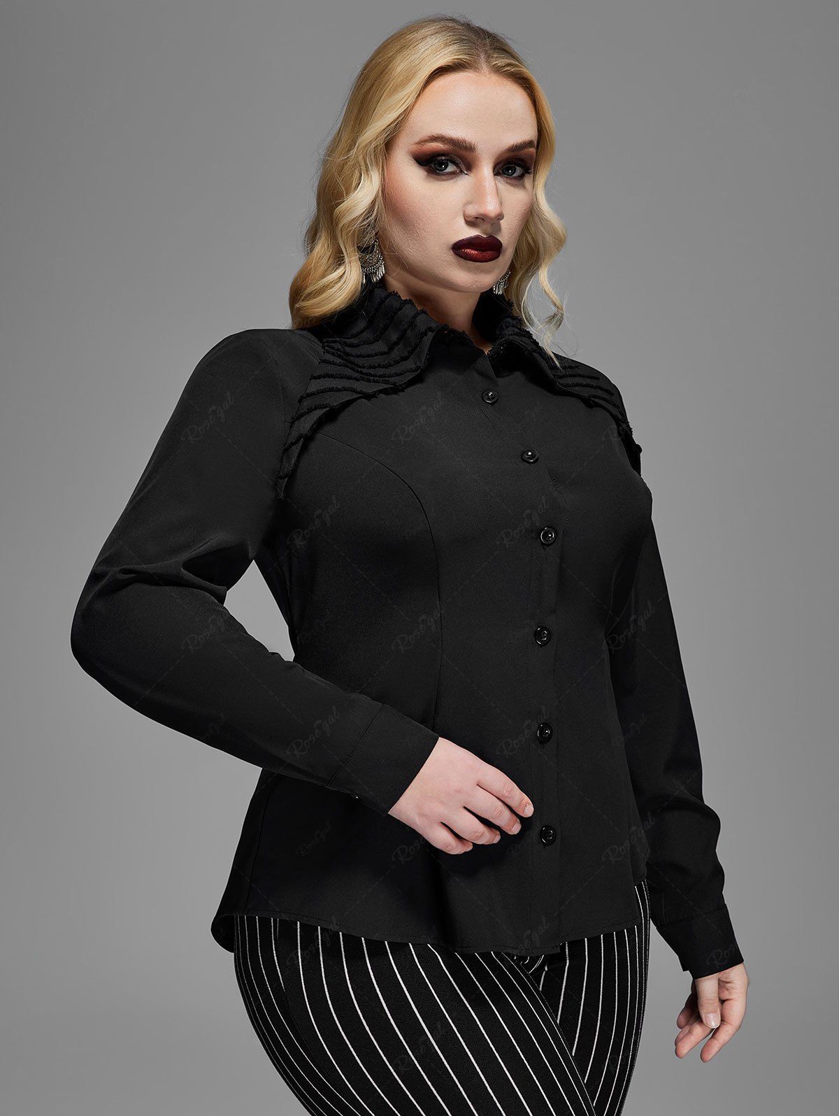 Gothic Asymmetric Flat Collar Solid Buttons Long Sleeves Shirt