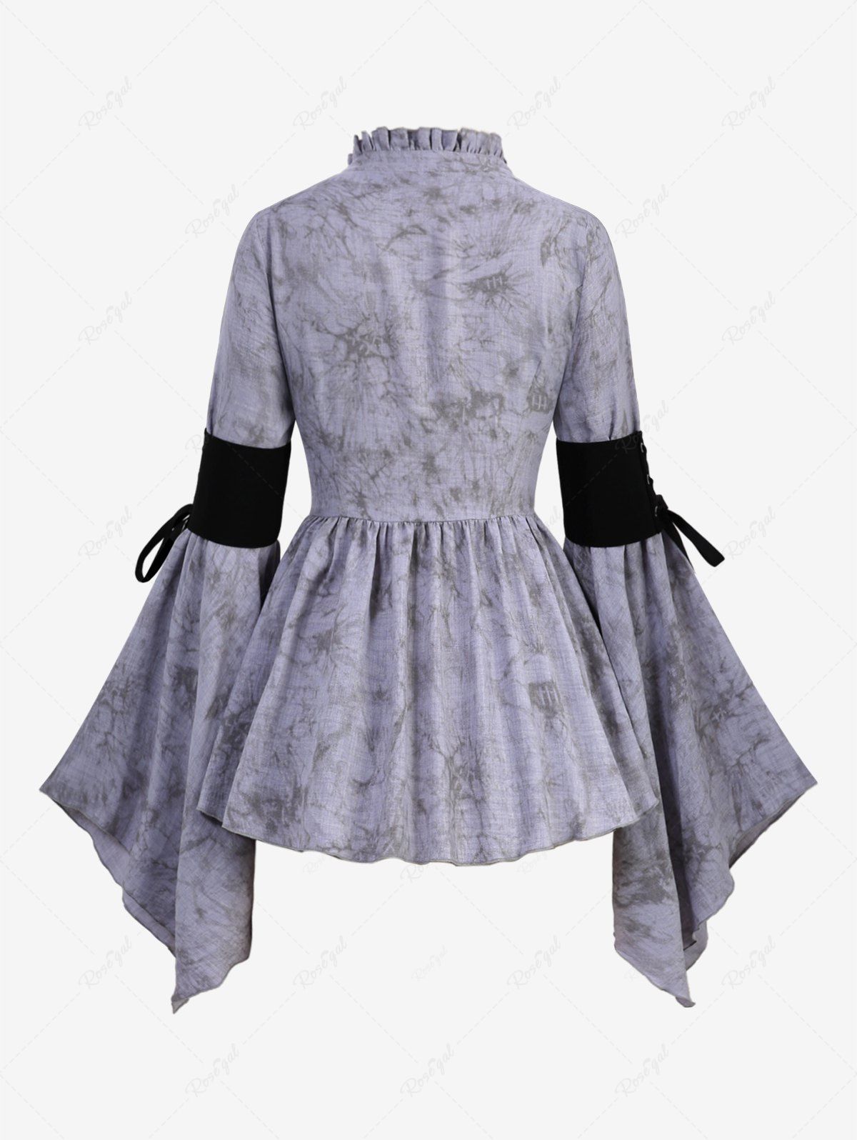 Gothic Lace Up Flare Sleeves Ruffles Layered Tie Dye Asymmetric Buttons Blouse