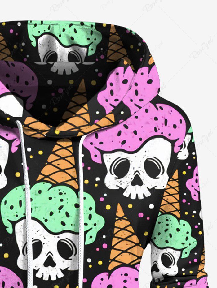 Gothic 3D Skulls Ice Cream Print Kangaroo Pocket Drawstring Hoodie