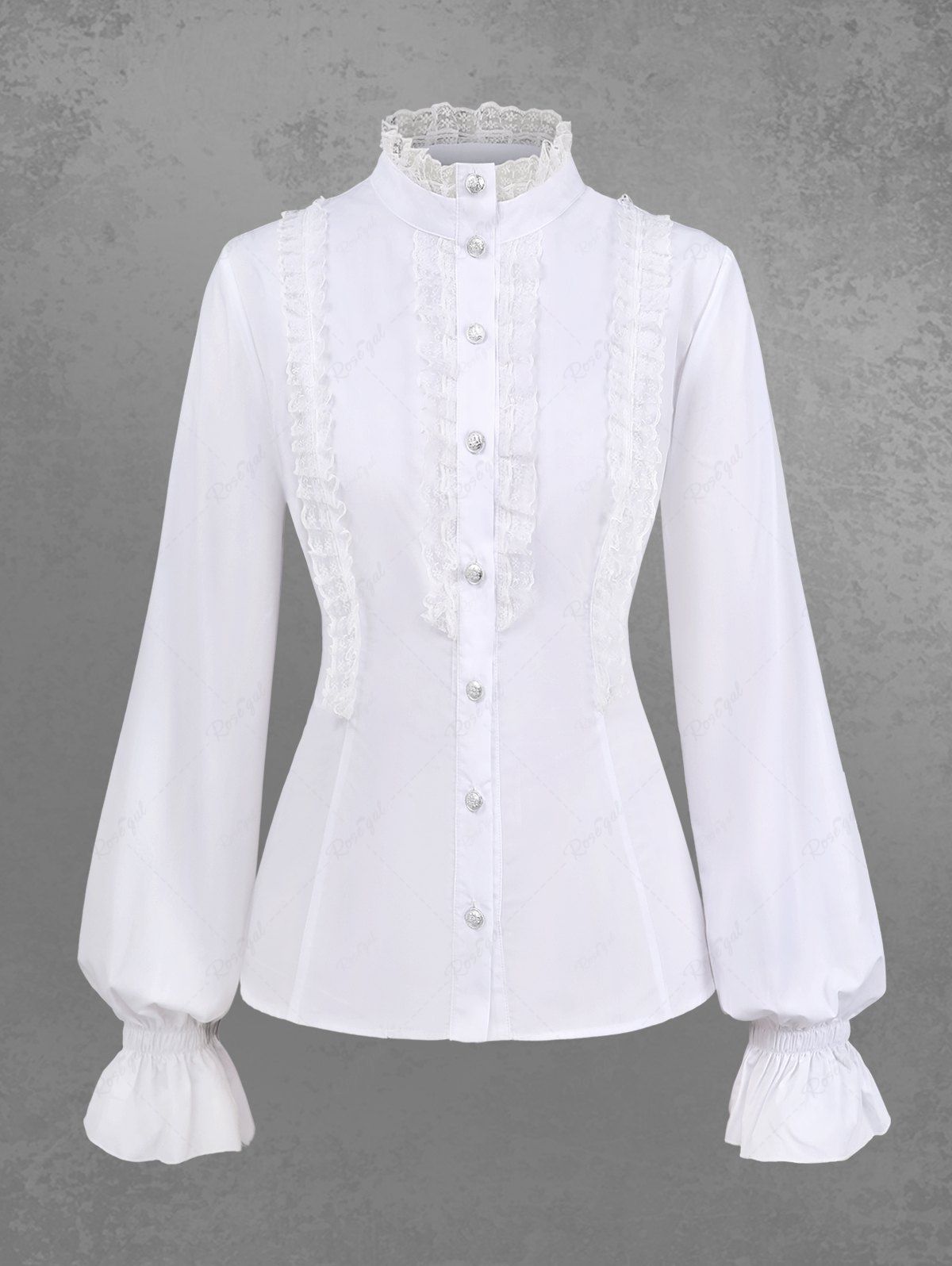 Gothic Medieval Renaissance Full Buttons Lace Trim Poet Sleeves Solid Office Shirt