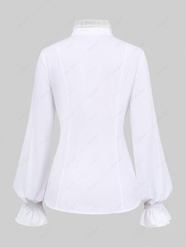 Gothic Plus Size Medieval Renaissance Full Buttons Lace Trim Poet Sleeves Solid Office Shirt