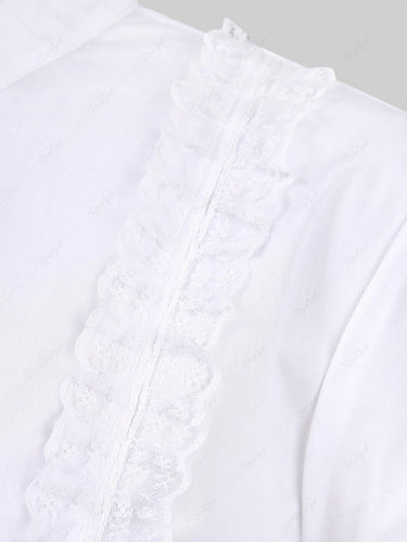 Gothic Plus Size Medieval Renaissance Full Buttons Lace Trim Poet Sleeves Solid Office Shirt