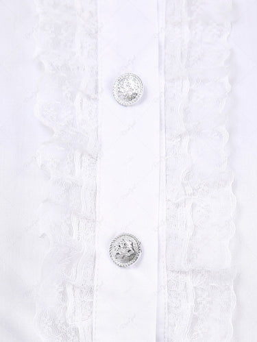 Gothic Plus Size Medieval Renaissance Full Buttons Lace Trim Poet Sleeves Solid Office Shirt