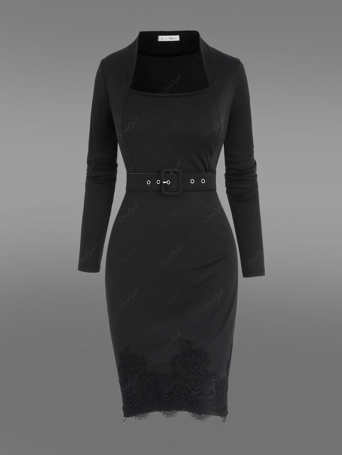 Gothic Applique Solid Buckle Grommet Belted Long Sleeves Bodycon Dress