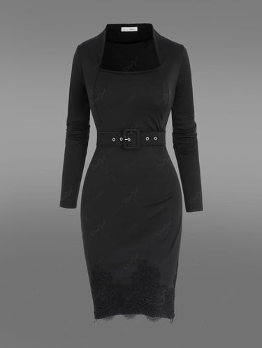 Gothic Plus Size Applique Solid Buckle Grommet Belted Long Sleeves Bodycon Dress(3 Days Delivery)