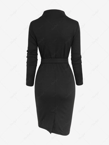Gothic Plus Size Applique Solid Buckle Grommet Belted Long Sleeves Bodycon Dress(3 Days Delivery)
