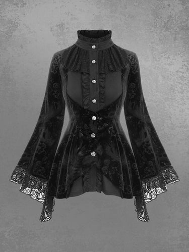 Gothic Plus Size Floral Feather Embossed Ruffles Lace Panel Buttons Flare Sleeves Blouse