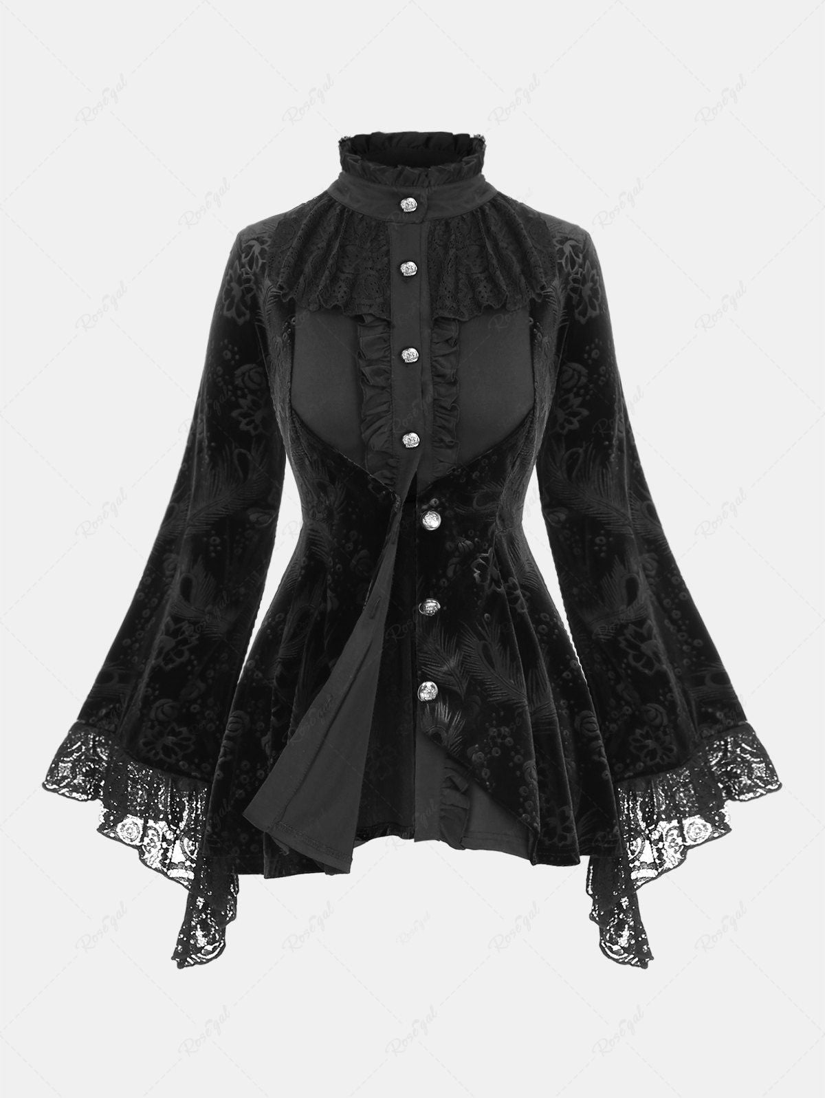 Gothic Floral Feather Embossed Ruffles Lace Panel Buttons Flare Sleeves Blouse