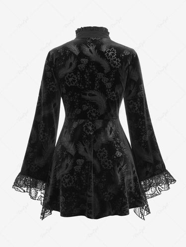 Gothic Plus Size Floral Feather Embossed Ruffles Lace Panel Buttons Flare Sleeves Blouse