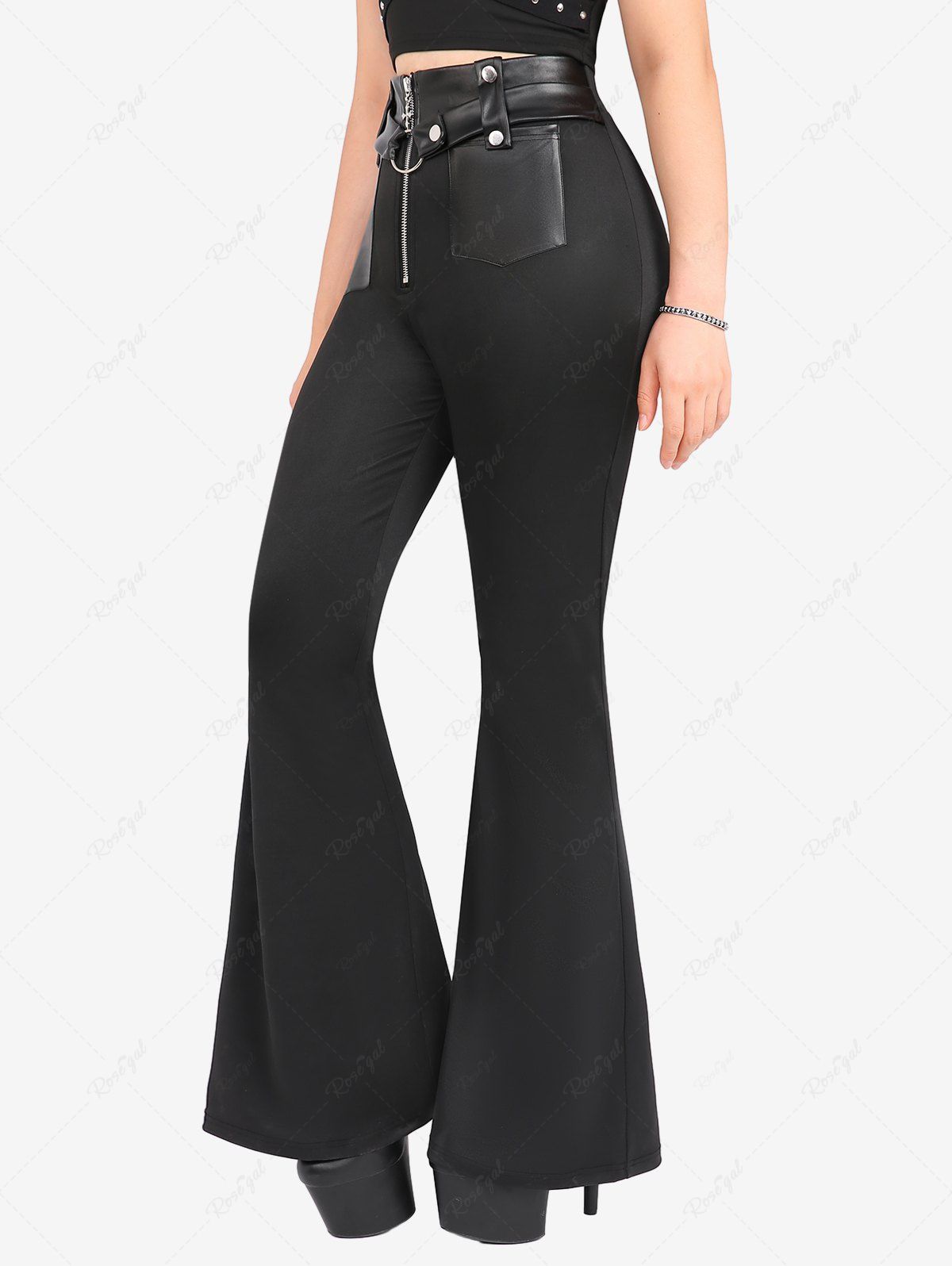 Gothic PU Panel O-Ring Buckle Zipper Pockets Pull On Flare Pants