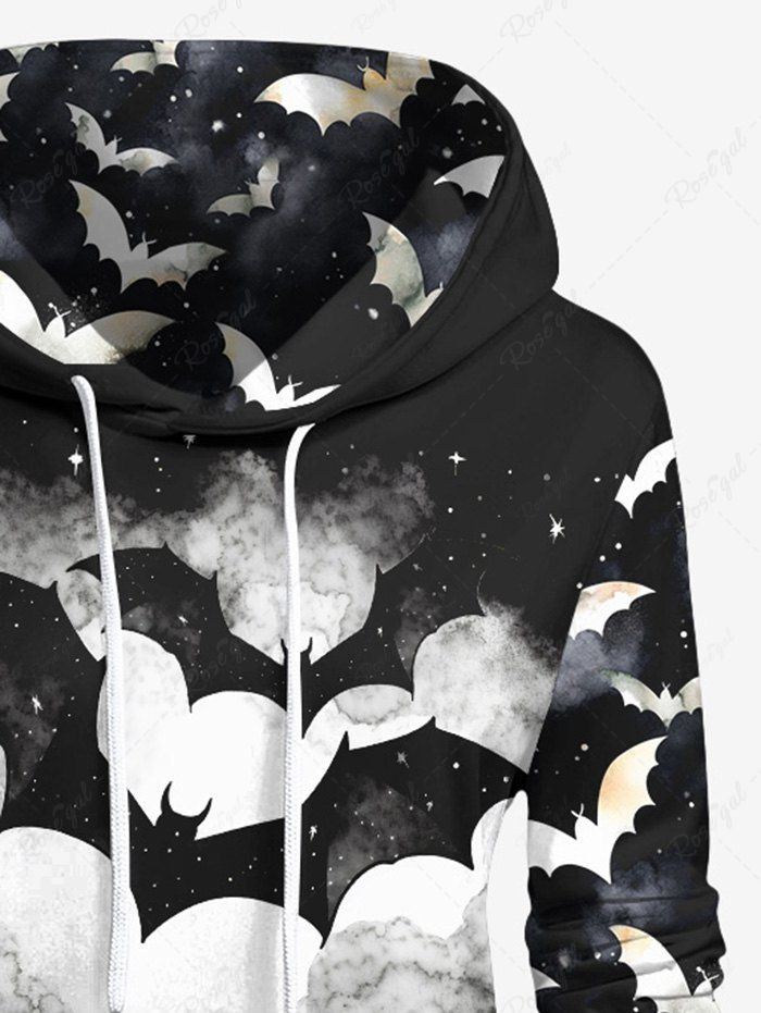 Gothic Bat Cloud Galaxy Print Kangaroo Pocket Halloween Drawstring Hoodie