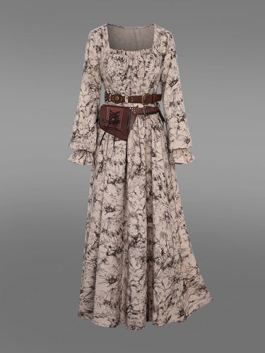 Gothic Plus Size Poet Sleeves Ruched Frilled Distressed Floral Print A Line Dress(3 Days Delivery)