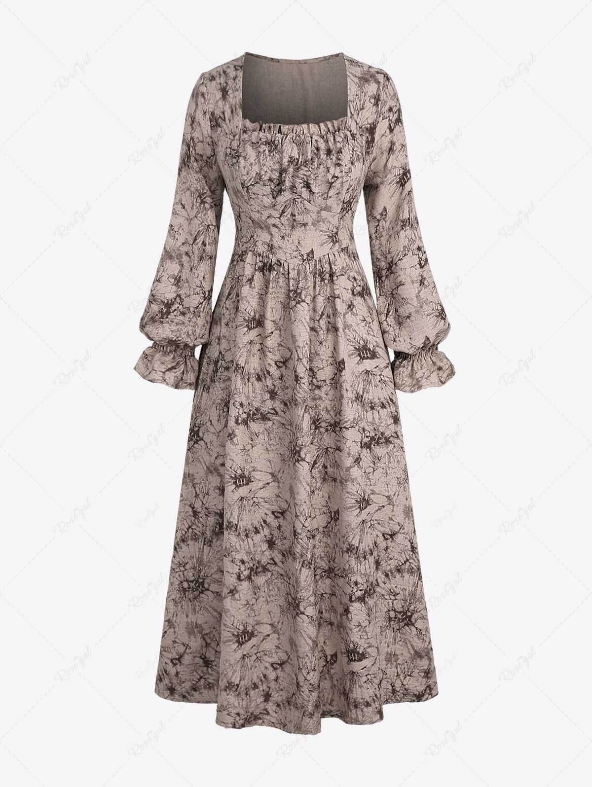 Gothic Poet Sleeves Ruched Frilled Distressed Floral Print A Line Dress