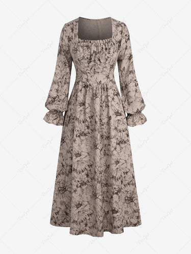 Gothic Plus Size Poet Sleeves Ruched Frilled Distressed Floral Print A Line Dress(3 Days Delivery)