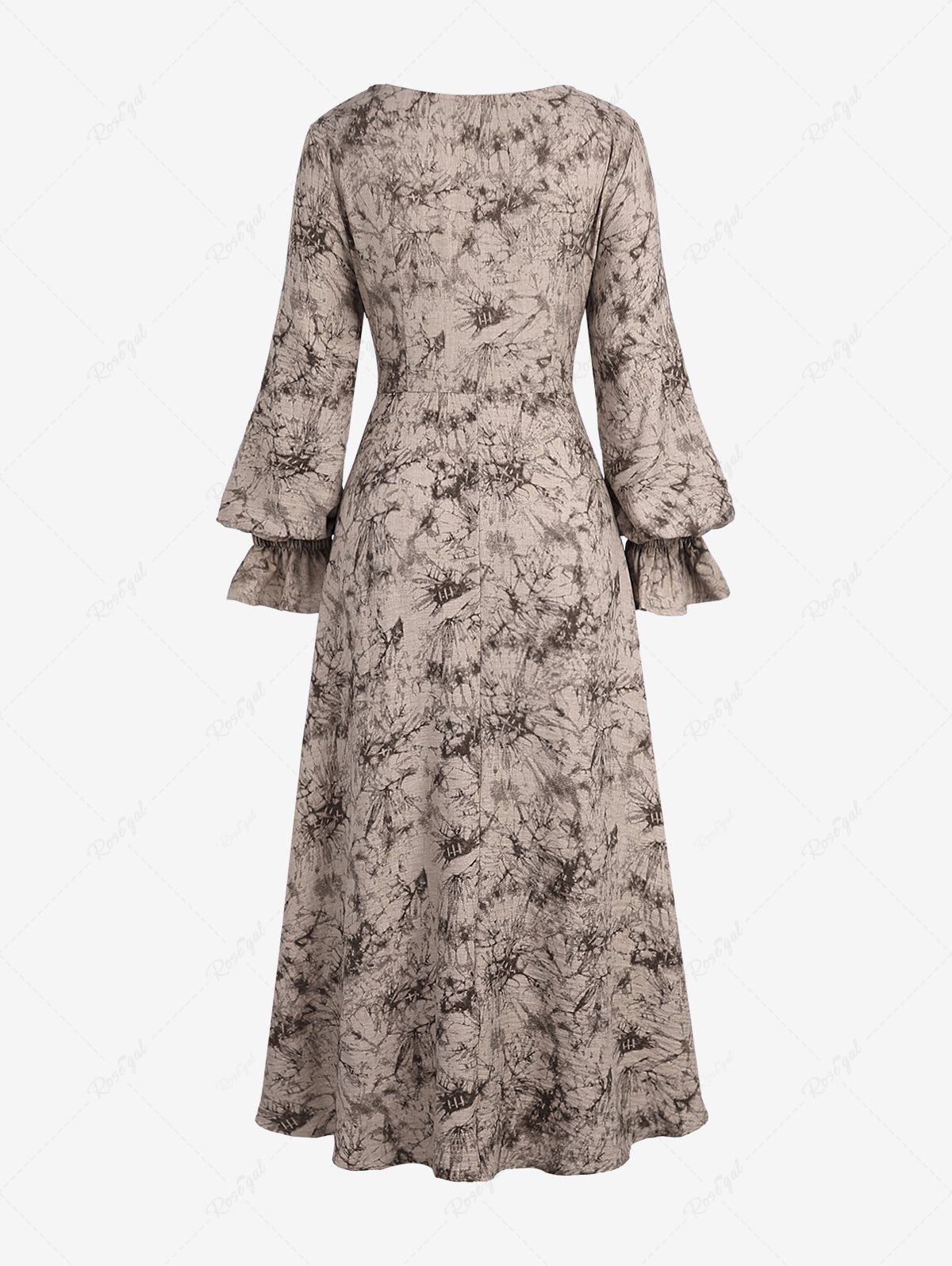 Gothic Poet Sleeves Ruched Frilled Distressed Floral Print A Line Dress