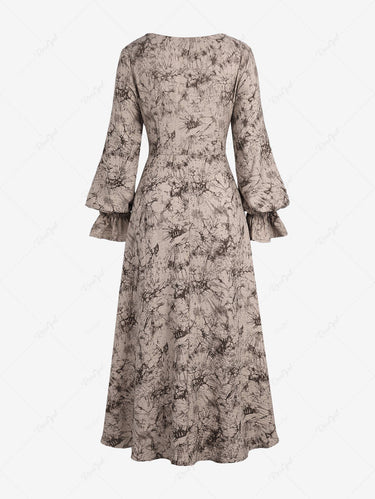 Gothic Plus Size Poet Sleeves Ruched Frilled Distressed Floral Print A Line Dress(3 Days Delivery)