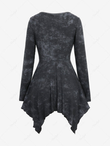 Gothic Plus Size PU Panel Buckle Grommet Ruched Frilled Tie Dye Handkerchief Long Sleeves 2 in 1 Top