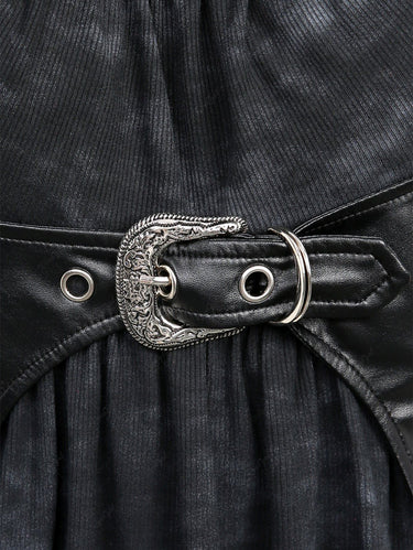 Gothic Plus Size PU Panel Buckle Grommet Ruched Frilled Tie Dye Handkerchief Long Sleeves 2 in 1 Top