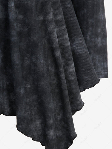 Gothic Plus Size PU Panel Buckle Grommet Ruched Frilled Tie Dye Handkerchief Long Sleeves 2 in 1 Top