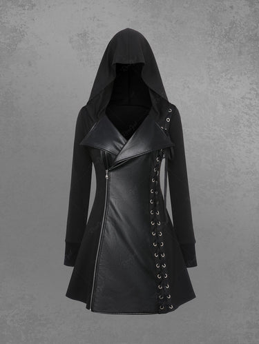 Gothic Plus Size PU Panel Turn-down Collar Grommet Lace Up Braided Side Zip Hooded Coat