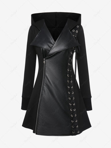 Gothic Plus Size PU Panel Turn-down Collar Grommet Lace Up Braided Side Zip Hooded Coat
