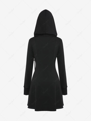 Gothic Plus Size PU Panel Turn-down Collar Grommet Lace Up Braided Side Zip Hooded Coat