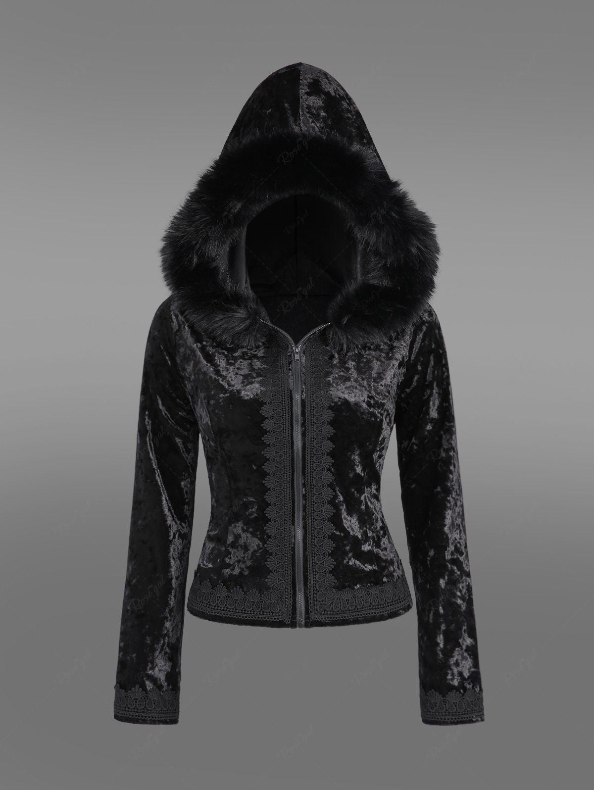 Gothic Full Zipper Applique Panel Fur Trim Fluffy Collar Long Sleeve Velvet Hooded Coat
