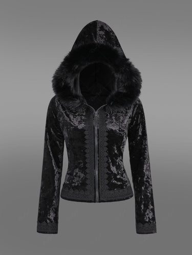 Gothic Plus Size Full Zipper Applique Panel Fur Trim Fluffy Collar Long Sleeve Velvet Hooded Coat