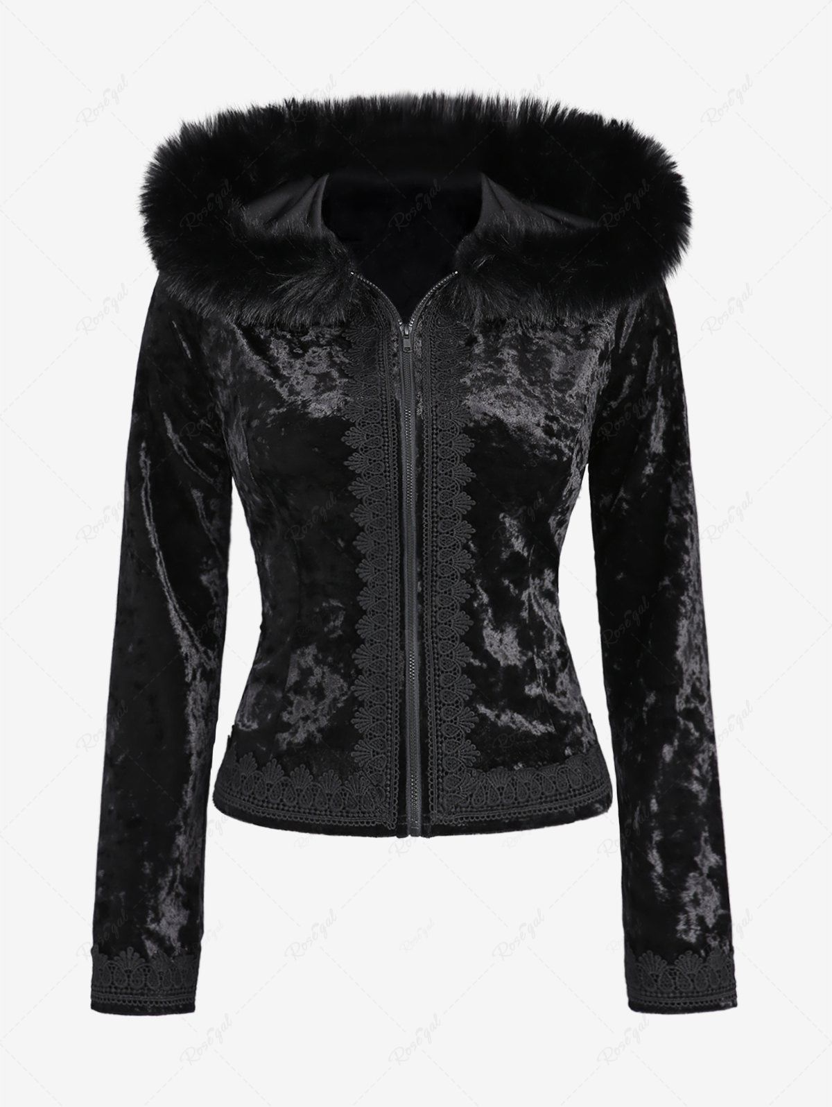Gothic Full Zipper Applique Panel Fur Trim Fluffy Collar Long Sleeve Velvet Hooded Coat