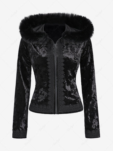 Gothic Plus Size Full Zipper Applique Panel Fur Trim Fluffy Collar Long Sleeve Velvet Hooded Coat