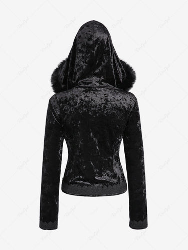Gothic Plus Size Full Zipper Applique Panel Fur Trim Fluffy Collar Long Sleeve Velvet Hooded Coat