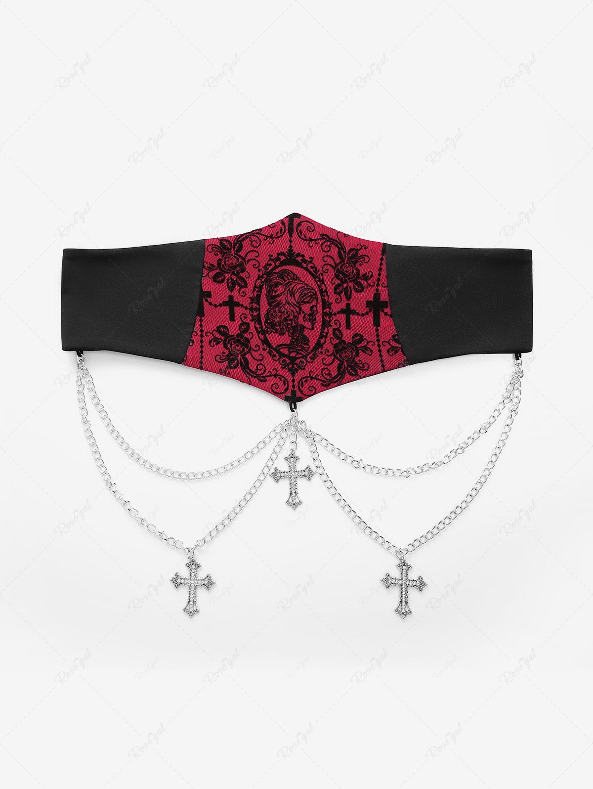 Gothic Flocking Floral Sparkling Cross Mesh Chain Tassel Zipper Corset Belt