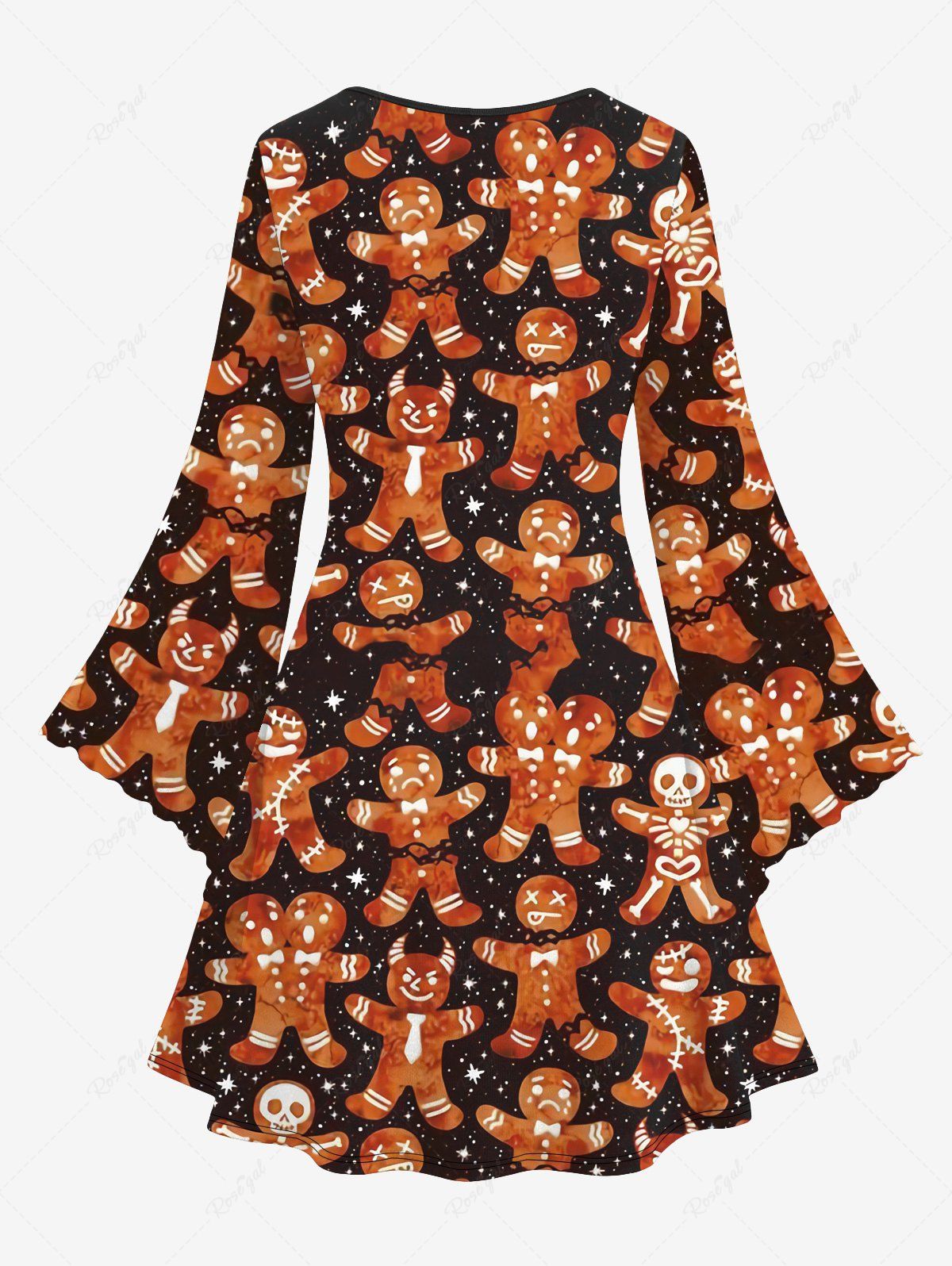 Gothic Skeleton Gingerbread Stars Print Flare Sleeves Christmas A Line Dress