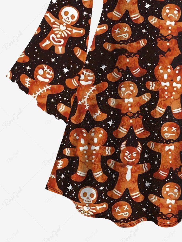 Gothic Skeleton Gingerbread Stars Print Flare Sleeves Christmas A Line Dress